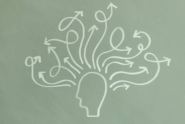 Abstract illustration symbolizing mental health and ADHD awareness with arrows representing thoughts.