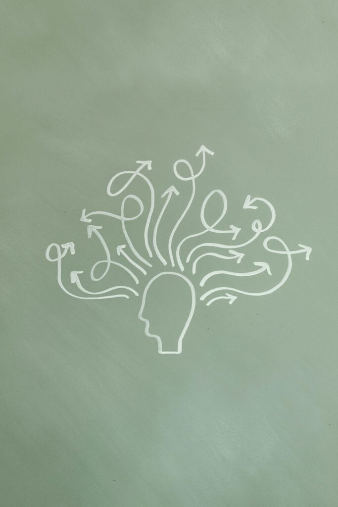 Abstract illustration symbolizing mental health and ADHD awareness with arrows representing thoughts.